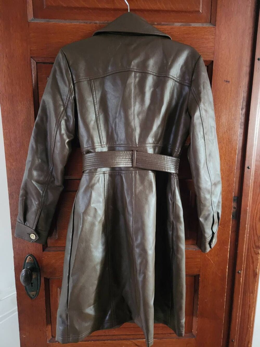 Guess Medium Faux Leather Belted Trench Coat in chocolate brown (R) - Picture 8 of 11